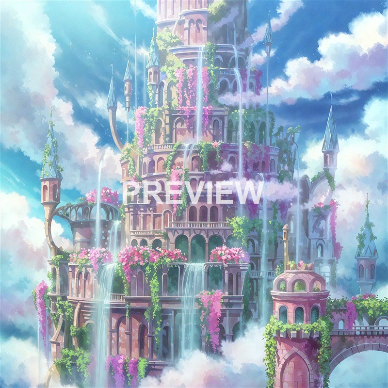 A majestic floating castle with multiple levels, waterfalls cascading down its walls, surrounded by colorful flowers and lush greenery, set against a bright blue sky with fluffy clouds.